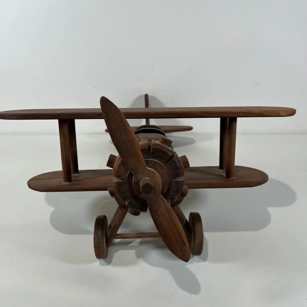 Vtg Wood Biplane Model Airplane Handcrafted Wood Decor Aviator MCM Collectible